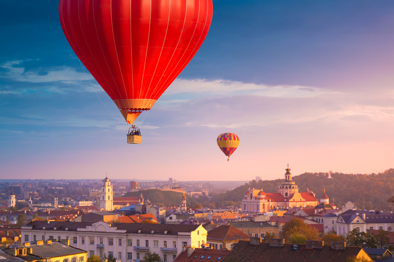 Hot Air Balloons Over The Old Town Center of Vilnius Lithuania