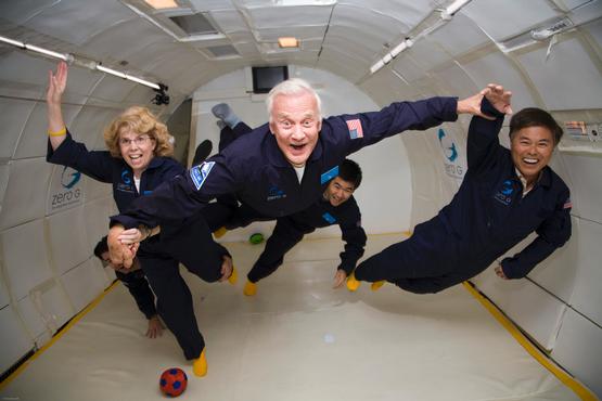 Buzz Aldrin Floating And Smiling in GoZeroG Anti Gravity Flight Experience