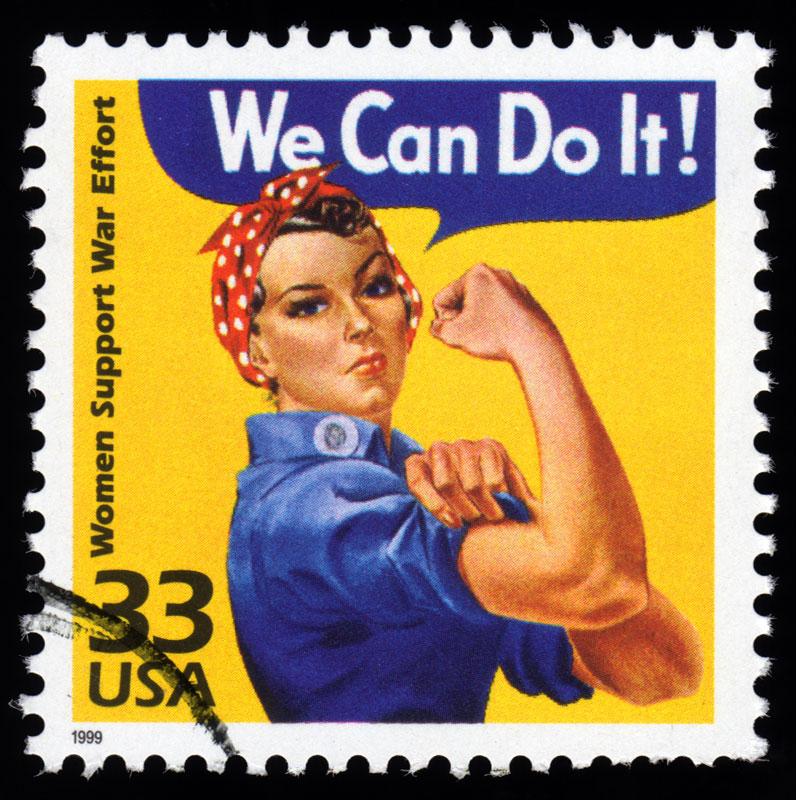 Vintage Stamp With We Can Do It Slogan And Woman Flexing Muscle