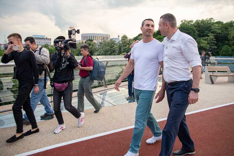 Vitali Klitschko And Brother Wladimir Klitschko Walking On New Pedestrian Bridge In Kyiv Ukraine