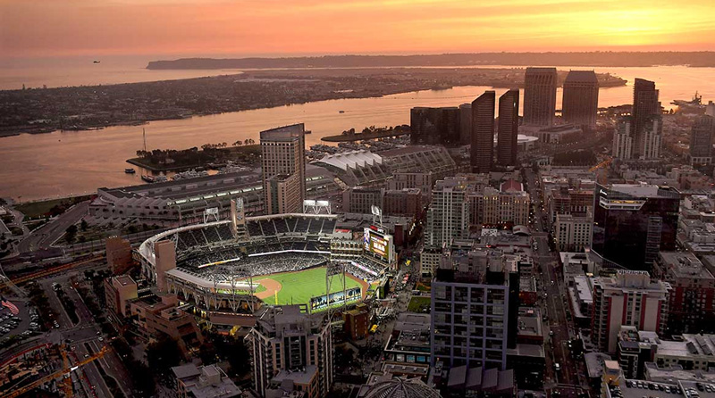 San Diego Skyline At Dusk Overlooking Pacific With Petco Stadium Lights On