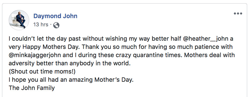 Damon John Happy Mother's Day Message On Facebook
