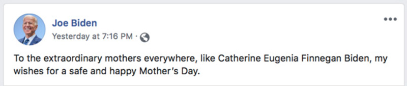 Joe Biden Happy Mother's Day Message On Facebook