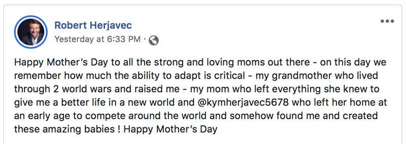 Robert Herjaveck Happy Mother's Day Message On Facebook